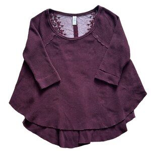 Free People Top XS Maroon Relaxed Lace Back Stretch Waffle Knit Boho Peasant